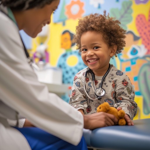 A happy young patient being examined by a board-certified pediatrician at American Pediatrics